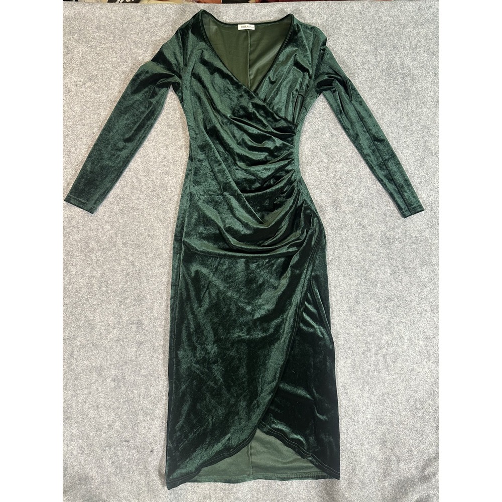 Dirass Ruched Bodycon Midi Dress M‎ Emerald Green Velvet Long Sleeve Wrap V-Neck